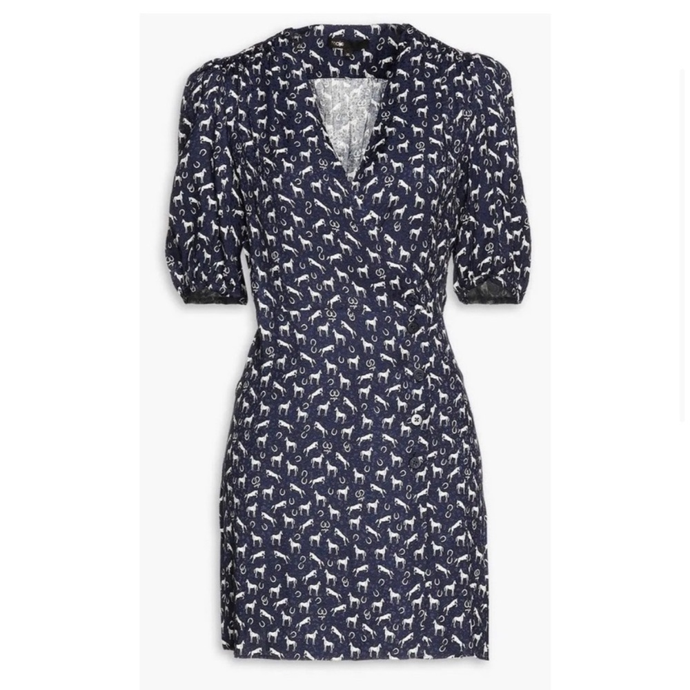 Maje Rampa equestrian horse Print wrap Dress size 38 US 6 Navy